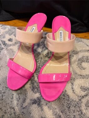 Manolo Blahnik Pink and Nude Patent Leather Slide Sandals